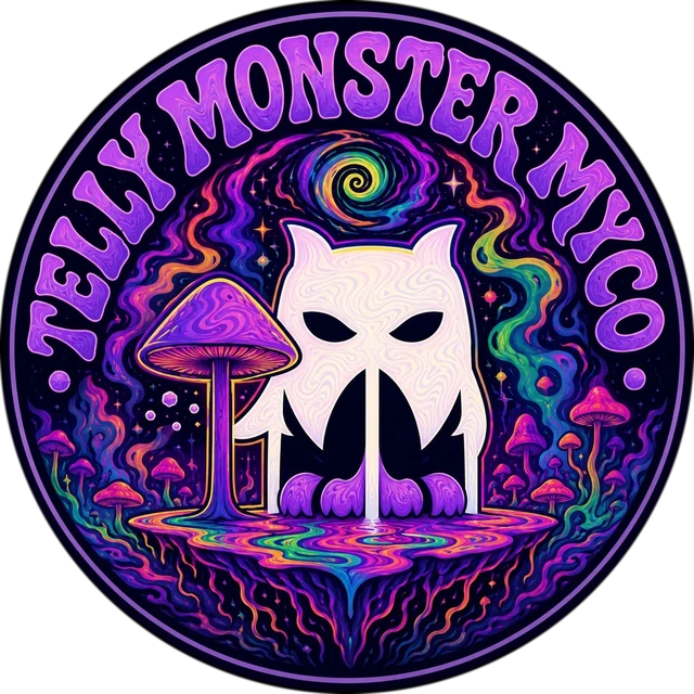 The Telly Monster Myco seal: the monster standing among mushrooms in a swirl of colour